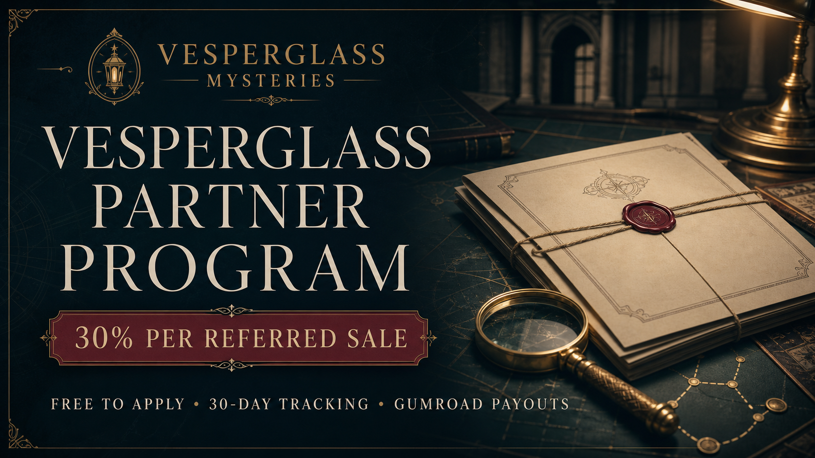Sealed Vesperglass case file beside a 30 percent referral commission summary