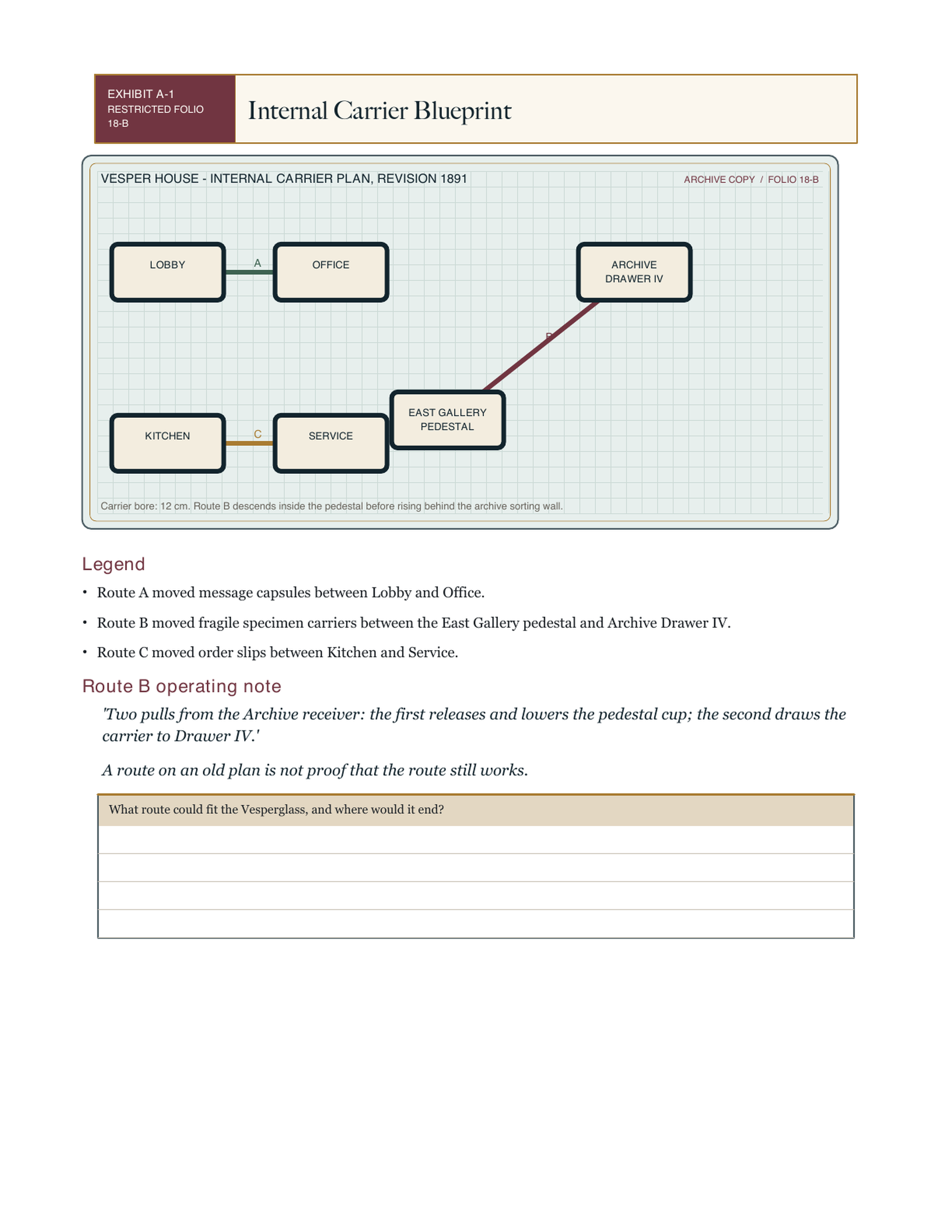 A blueprint-style evidence page from Vesperglass Mysteries